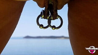 Nippleringlover Kinky Mother Double Rings In Extreme Pierced Nipples Fingering Pierced Pussy And Pissing At Nude Beach