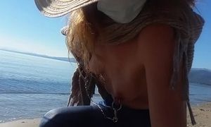 'nippleringlover Flashing Pierced Tits With Stretched Nipple Piercings At Public Beach'